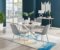 Furniturebox Uk Novara White Marble 120Cm Round Dining Table & 4 Grey Pesaro Silver Chairs