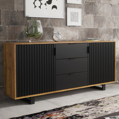 Sideboard Blackridge 140Cm - Dark Oak With Black Fluted Doors & Drawer - image 1