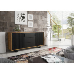 Sideboard Blackridge 140Cm - Dark Oak With Black Fluted Doors & Drawer - thumbnail 2
