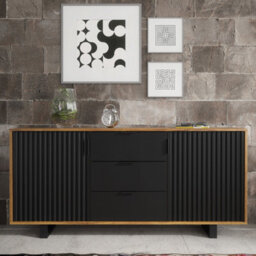 Sideboard Blackridge 140Cm - Dark Oak With Black Fluted Doors & Drawer - thumbnail 4