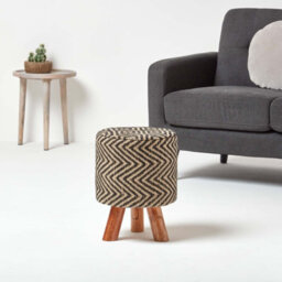 Homescapes Modern Style Black And Natural Diamond Jute Footstool - thumbnail 2