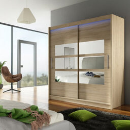 Bega Iii 180Cm Wardrobe With Hanging Rail Sliding Doors Shelves And Mirror Storage Sonoma With Led Lights - thumbnail 1