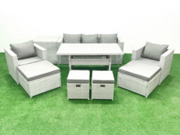 Fimous Rattan Garden Furniture Set Outdoor 9 Seater Patio Dining Sets Glass Top Dining Table And Side Table Light Grey - thumbnail 1