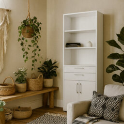 Wyld Haus Dris White Wooden Bookcase With 3 Shelves, 2 Drawers And 2 Doors, Tall - thumbnail 2