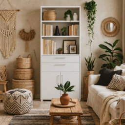 Wyld Haus Dris White Wooden Bookcase With 3 Shelves, 2 Drawers And 2 Doors, Tall - thumbnail 1