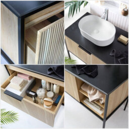 Homestylestore Black And Light Oak 1200mm Bathroom Fluted Vanity Unit And 490 X 310mm Oval Countertop Basin - thumbnail 4