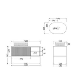 Homestylestore Black And Light Oak 1200mm Bathroom Fluted Vanity Unit And 490 X 310mm Oval Countertop Basin - thumbnail 5