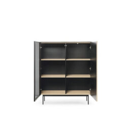 Arte Orta Highboard Cabinet 107Cm - Oak Vincenza & Black Textured Glass Display Unit With Led Lighting - thumbnail 3