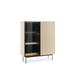 Arte Orta Highboard Cabinet 107Cm - Oak Vincenza & Black Textured Glass Display Unit With Led Lighting - thumbnail 2