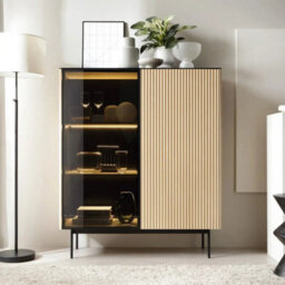 Arte Orta Highboard Cabinet 107Cm - Oak Vincenza & Black Textured Glass Display Unit With Led Lighting