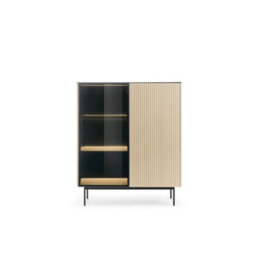Arte Orta Highboard Cabinet 107Cm - Oak Vincenza & Black Textured Glass Display Unit With Led Lighting - thumbnail 4