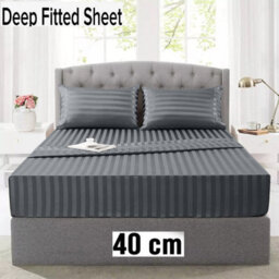 Ameha Stripe Fitted Sheet 40 Cm Deep Pocket- Hypoallergenic Easy Care Grey Bed Sheets Uk Super King Bedsheet(180X200C - thumbnail 1