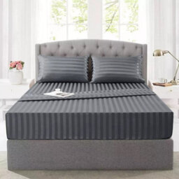 Ameha Stripe Fitted Sheet 40 Cm Deep Pocket- Hypoallergenic Easy Care Grey Bed Sheets Uk Super King Bedsheet(180X200C - thumbnail 2