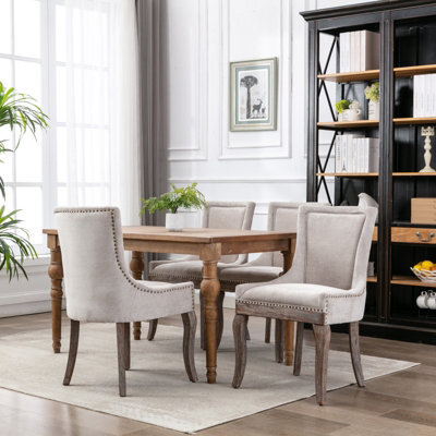 HomeTouch Set Of 4 Luxe Upholstered Dining Chairs, Plush Comfort Kitchen Chairs With Vintage Nailhead Trim & Oak Wood Legs Beige - image 1