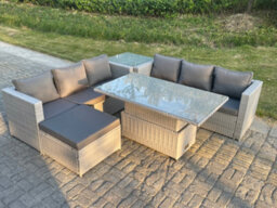Fimous Rattan Garden Funiture Set Adjustable Rising Lifting Table Sofa Dining Set With Side Coffee Tea Table Footstool - thumbnail 2