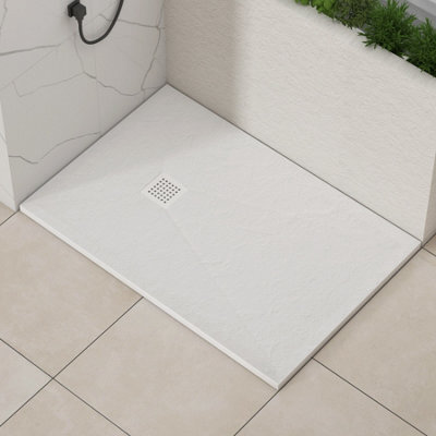 Royal Bathrooms Luxor Rectangular White Slate Effect Stone Shower Tray 900 X 800 X 30mm With Waste & White Grate - image 1
