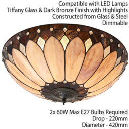 Tiffany Glass Semi Flush Ceiling Light Cream Bronze Round Inverted Shade I00036 - thumbnail 2