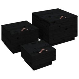 Berkfield Storage Boxes With Lids 3 Pcs Black Solid Wood Pine - thumbnail 2