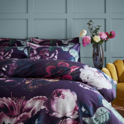 Paoletti Cordelia Floral 100% Cotton Duvet Cover Set, Double, Purple - thumbnail 2