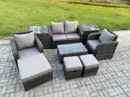 Fimous Wicker Pe Rattan Outdoor Furniture Set Garden Love Sofa Coffee Table 2 Armchair 3 Footstools 2 Side Tables - thumbnail 2