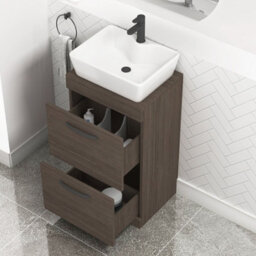 Royal Bathrooms 500mm Floor Standing Vanity Unit 2 Drawer Grey Elm & Countertop Basin - Cube With Matt Black Handle - thumbnail 3