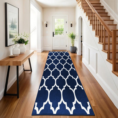 Oxford Homeware Printed Rug, Non-Slip Pet Friendly, Living Room Rugs And Hallways Runner, (Ava Navy, 60X220Cm)