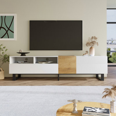 Abrihome Modern Tv Cabinet, White And Wood Look, 180 X 50 X 38 Cm, Minimalist Design - image 1