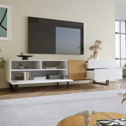 Abrihome Modern Tv Cabinet, White And Wood Look, 180 X 50 X 38 Cm, Minimalist Design - thumbnail 2