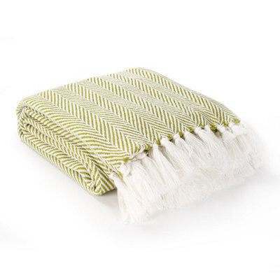 Ehc Herringbone Lightweight Soft Warm Wool  Feel Acrylic Throws For Sofa Blanket  - Lime Green - image 1