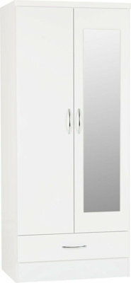 Seconique Nevada Mirrored 2 Door 1 Drawer Wardrobe White Gloss - image 1