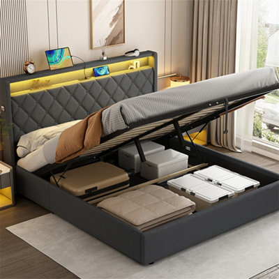 Abrihome 4Ft6 Double Upholstered Bed Frame With Hydraulic Storage And Led Lighting, Button Tufted Headboard With Charging Station, Grey - image 1