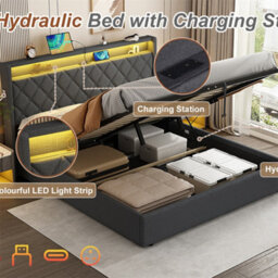 Abrihome 4Ft6 Double Upholstered Bed Frame With Hydraulic Storage And Led Lighting, Button Tufted Headboard With Charging Station, Grey - thumbnail 3