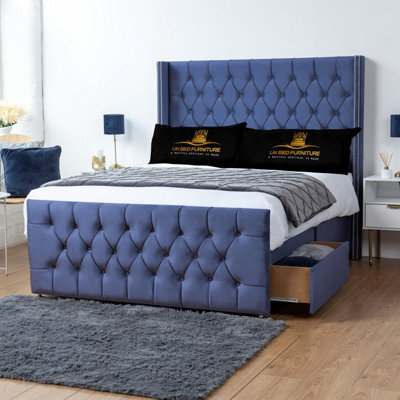 UKBEDFURNITURE Emily Blue Plush Wingback Divan Bed With 2 Foot End Drawers & 54 Inch Headboard - image 1