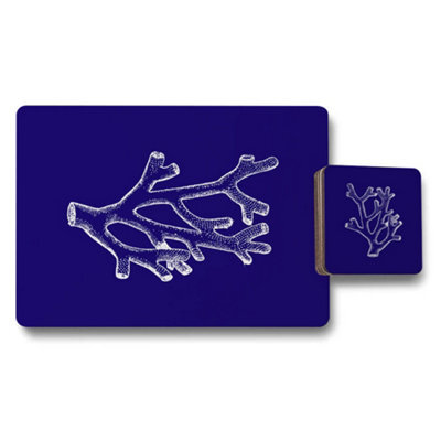 Benjamin Tate Design Blue Coral Wood Bottom Placemat And Coaster Set Designer Artwork Collection 12 Pieces Limited Edition - image 1