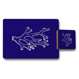 Benjamin Tate Design Blue Coral Wood Bottom Placemat And Coaster Set Designer Artwork Collection 12 Pieces Limited Edition