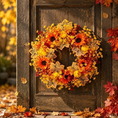 Amorly 17.7Inch Fall Wreath For Front Door Artificial Autumn Wreath Orange Red Foliage Hanging Decorations For Thanksgiving Farmhouse - image 1