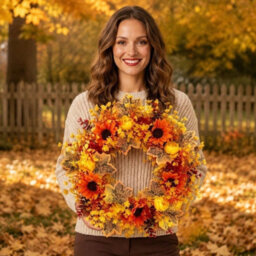 Amorly 17.7Inch Fall Wreath For Front Door Artificial Autumn Wreath Orange Red Foliage Hanging Decorations For Thanksgiving Farmhouse - thumbnail 5