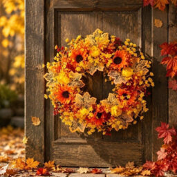 Amorly 17.7Inch Fall Wreath For Front Door Artificial Autumn Wreath Orange Red Foliage Hanging Decorations For Thanksgiving Farmhouse - thumbnail 1