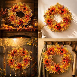 Amorly 17.7Inch Fall Wreath For Front Door Artificial Autumn Wreath Orange Red Foliage Hanging Decorations For Thanksgiving Farmhouse - thumbnail 3