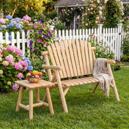 Gainoom Log Wood Patio Bench 2-Person Fire Pit Lounge Chair Solid Wood Outdoor Loveseat With Built-In Armrest And Curved Seat - thumbnail 7