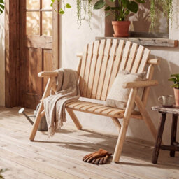 Gainoom Log Wood Patio Bench 2-Person Fire Pit Lounge Chair Solid Wood Outdoor Loveseat With Built-In Armrest And Curved Seat - thumbnail 4