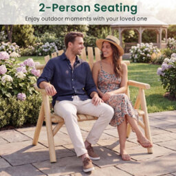 Gainoom Log Wood Patio Bench 2-Person Fire Pit Lounge Chair Solid Wood Outdoor Loveseat With Built-In Armrest And Curved Seat - thumbnail 5