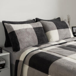 OHS Check Coverless Duvet Pillowcase Teddy Fleece Gingham 10.5 Tog, Grey - Double - thumbnail 3