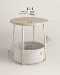 Songmics Round Side Table With Fabric Basket, Stylish Bedside Or End Table For Living Room, Cream White - thumbnail 2