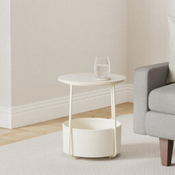Round Side Table With Fabric Basket, Stylish Bedside Or End Table For Living Room, Cream White
