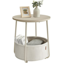 Songmics Round Side Table With Fabric Basket, Stylish Bedside Or End Table For Living Room, Cream White - thumbnail 7