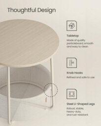 Songmics Round Side Table With Fabric Basket, Stylish Bedside Or End Table For Living Room, Cream White - thumbnail 4