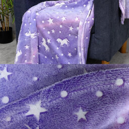 Glow In The Dark Throw Blanket Soft Flannel With Moon, Stars & Unicorns Cozy, Warm & Luminous Gift For Kids & Adults (Pink) - thumbnail 3