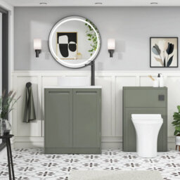 Royal Bathrooms Royal Bathroom Elmore 700mm Matt Green Freestanding Countertop Bathroom Vanity Unit 2 Door Plain White Worktop With Art Basin - thumbnail 5