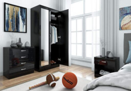 Harmin Mirrored Black High Gloss Bedroom Furniture Set - 2 Door Wardrobe Chest Bedside - thumbnail 2